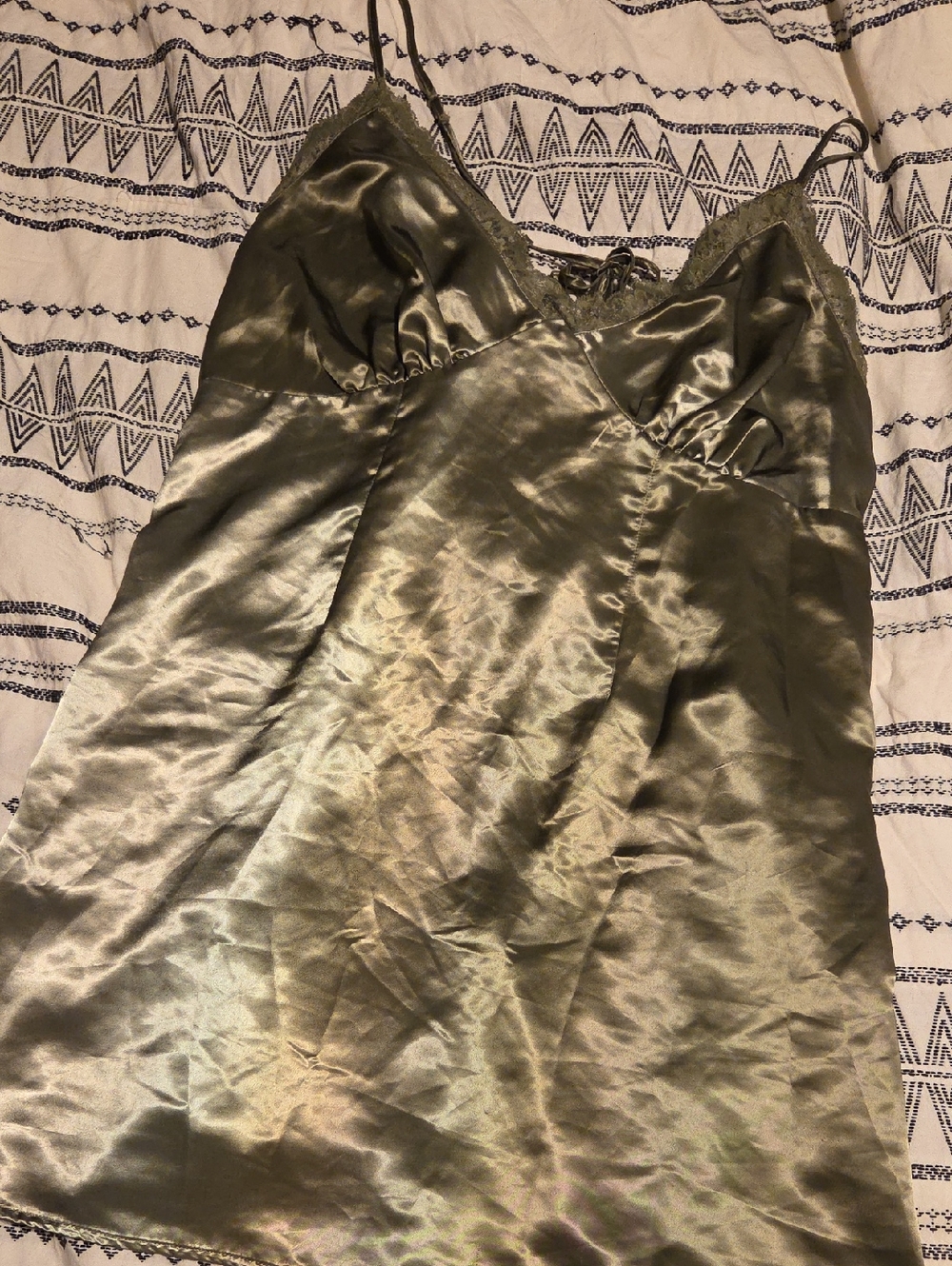 Divided Satin Slip Mini Dress in Olive Green